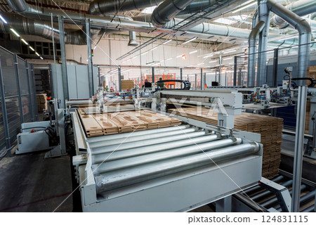 Production line of the wooden floor factory. CNC automatic woodworking machine. 124831115