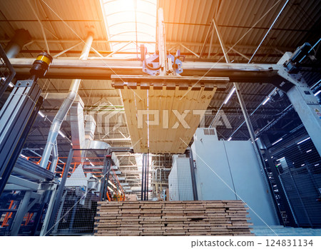 Production line of the wooden floor factory. CNC automatic woodworking machine. 124831134