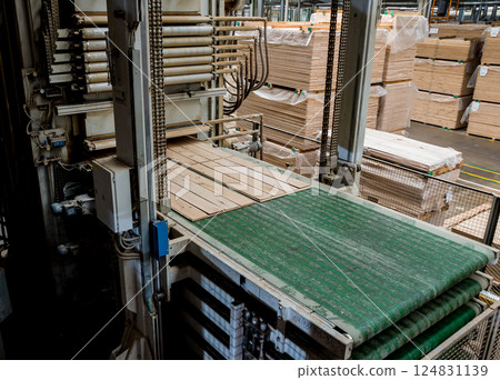 Production line of the wooden floor factory. CNC automatic woodworking machine. 124831139