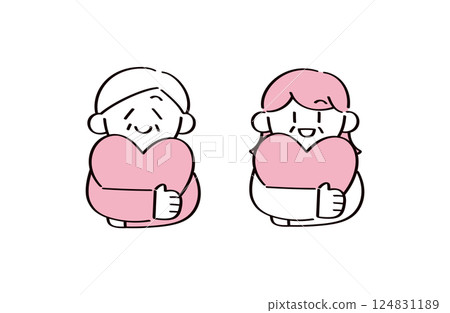 Illustration of a senior couple embracing a heart 124831189