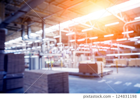 Bloored background of production line of the wooden floor factory.  124831198