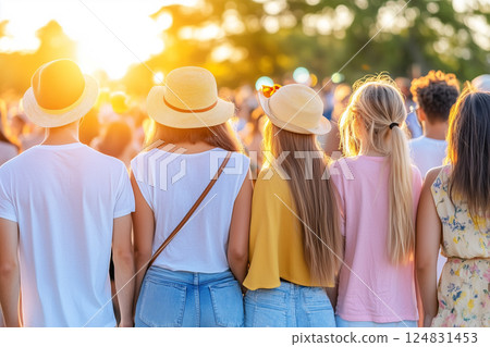 Group of Young People Wearing Hats Walking Together on a Busy City Street During Sunset 124831453