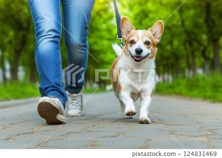 Happy Dog Walks Along a Path with Owner in a Green Park on a Bright Sunny Day 124831469