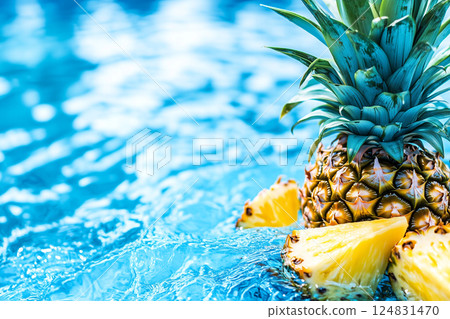 Fresh Ripe Whole Baby Pineapple with Slices and Leaves in Vibrant Pool Water Background 124831470