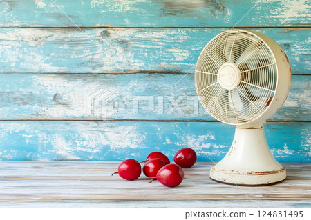 Vintage Electric Fan for Modern Cooling in a Room with Pastel Background and Decorative Accents 124831495