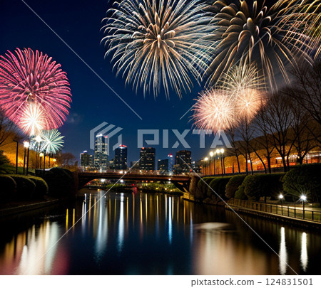 煙花反映在水中 124831501