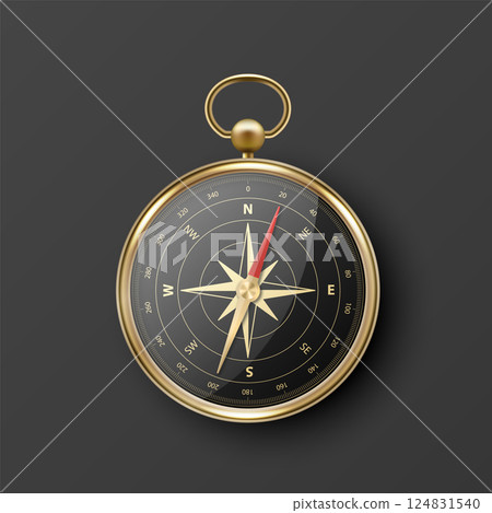 Realistic 3D Vector Compass with Gold Metallic Frame, Navigation Tool Illustration. Vintage Wind Rose Symbol on Dial, Compass Icon Close-up, Isolated 124831540