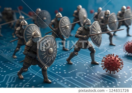 Medieval knights standing in formation to protect against computer viruses 124831726