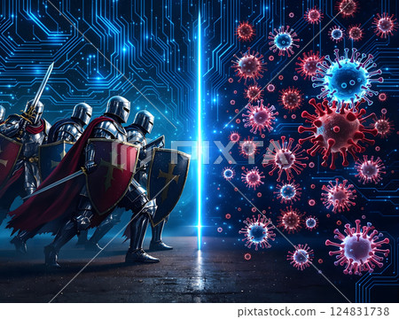 Medieval knights charging at a computer virus 124831738
