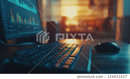 Analysis Of Business Statistics With Modern Computer, Keyboard, And Mouse On Table Showing Charts And Graphs With Blurred Business People In Background. 124831837