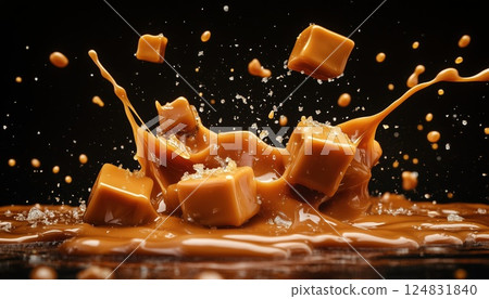 Splashing And Exploding Molten Caramel With Broken Salted Pieces On A Dark Background - Deliciously Decadent Confectionery Display. 124831840