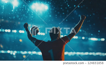Cinematic Shot Of Professional Football Player Celebrating Goal At Model Sport Stadium Arena. Captured Victory In Sport Championship Tournament. 124831858