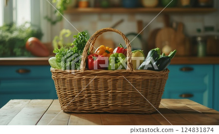 Fresh Vegetables Arranged In A Wicker Basket On A Wooden Kitchen Counter. This Display Is Colorful And Inviting For Cooking Inspiration. 124831874