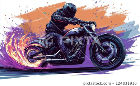Motorcyclist In Protective Gear And Leather Jacket Rides A Motorcycle While Wearing Protective Gloves For Safety On The Road. Motorcyclist In Protective Gear And Leather Jacket Rides A Motorcycle While Wearing Protective Gloves For Safety On The Road. 124831916