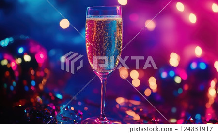 Elegant Champagne Served In A Glass, Creating A Lively Party Atmosphere With The Sparkle Of A Disco Ball. Elevate Your Event. Elegant Champagne Served In A Glass, Creating A Lively Party Atmosphere With The Sparkle Of A Disco Ball. Elevate Your Event. 124831917