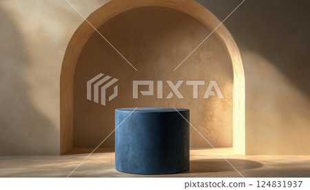 Mockup Template Featuring A Blue Cylinder Podium Against A Beige Landscape Arch Backdrop In A Rendered Image. Mockup Template Featuring A Blue Cylinder Podium Against A Beige Landscape Arch Backdrop In A Rendered Image. 124831937