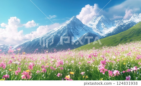 Stunning Summer Landscape In Kalajun Grassland: Vibrant Flowers And Snow-Capped Mountains Adorn Xinjiang'S Picturesque Scenery 124831938