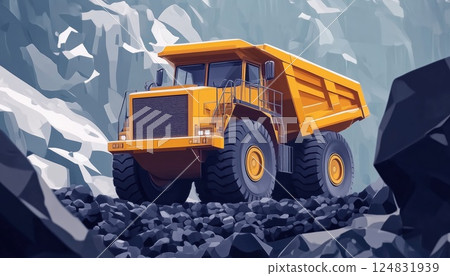 Big Yellow Mining Truck Used In The Open Pit Mine Industry For Extracting Coal Anthracite. Iconic Vehicle In Mining Operations. 124831939