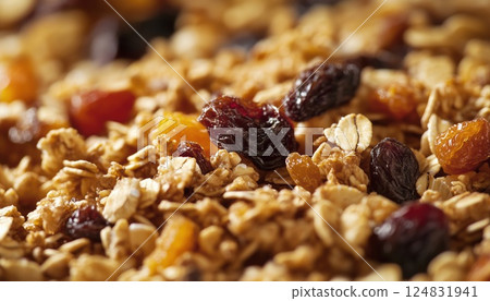 Key Ingredients For Homemade Granola: Oatmeal, Honey, Dried Fruits, Nuts. Emphasis On Selective Focus In Recipe Preparation. Create Delicious And Nutritious Snack. 124831941
