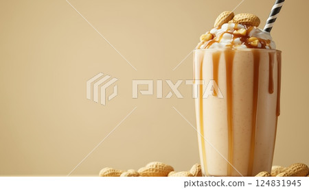 Caramel Peanut Butter Smoothie Milkshake With Plenty Of Peanuts, Topped With Caramel Sauce On A Beige Background With Copy Space 124831945