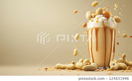 Creamy Peanut Butter Shake With Generous Portion Of Peanuts, Drizzled With Caramel Sauce, All Against A Beige Background For Copy Space. 124831946