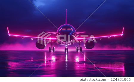 Digital Rendering Of A Plane With Dark Neon Light Effect - A Unique And Eye-Catching Representation Of A Modern Aircraft. Digital Rendering Of A Plane With Dark Neon Light Effect - A Unique And Eye-Catching Representation Of A Modern Aircraft. 124831965