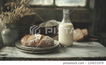 Organic Almond Milk In Glass Bottle With Fresh Rye Bread On Stone Table In Kitchen - Ready For Cooking And Serving Organic Almond Milk In Glass Bottle With Fresh Rye Bread On Stone Table In Kitchen - Ready For Cooking And Serving 124831979