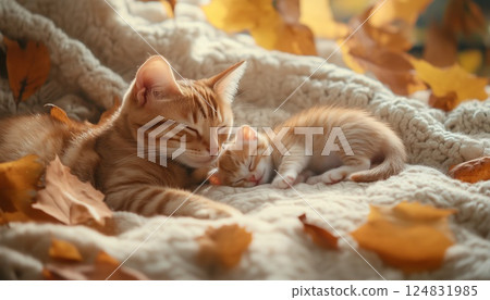 Mother Cat Grooming Baby Kitty In Fall Decorations: A Cozy Autumn Scene Of Motherhood With Cute Cats On A Soft Bed. 124831985