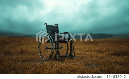 Symbolic Representation Of Loneliness And Sadness: An Empty Wheelchair On A Cloudy Day Conveying Emotions Of Isolation And Melancholy. Symbolic Representation Of Loneliness And Sadness: An Empty Wheelchair On A Cloudy Day Conveying Emotions Of Isolation And Melancholy. 124832042