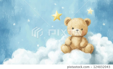 Adorable Teddy Bear With Star Atop Cloud, Watercolor Illustration For Baby Shower Or Children'S Posters, Featuring White Background. Adorable Teddy Bear With Star Atop Cloud, Watercolor Illustration For Baby Shower Or Children'S Posters, Featuring White Background. 124832043