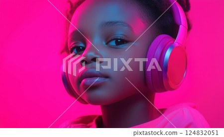 Beautiful African Girl Listening To Music: A Neon-Lit Portrait Of A Future Singer Embodying Imagination, Childhood, And Creativity. 124832051