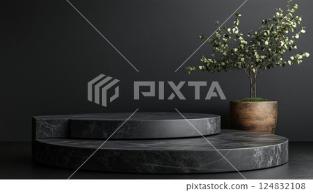 Rendered Black Stone Podium For Product Display On Black Background Shows Modern And Elegant Design For Showcasing Products In Style. 124832108
