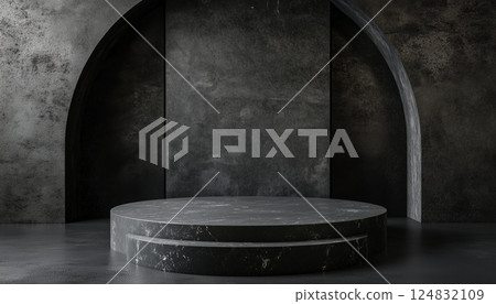 The Rendering Of Black Stone Podium With Product Display On Black Background. Display Stand For Products In Elegant Black Finish. 124832109