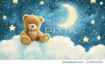 Adorable Teddy Bear On Cloud With Stars And Moon Hand Drawn Image - Perfect For Kids Posters, Apparel, Baby Shower Invitations. 124832165