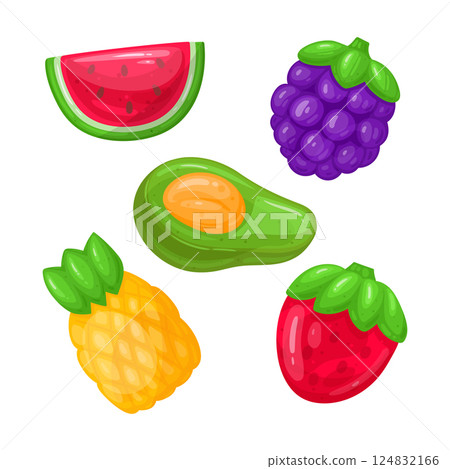Cartoon fruity gummy. Chewy jelly candies, delicious sweets with various flavors flat vector illustration set. Jelly sweets on white 124832166