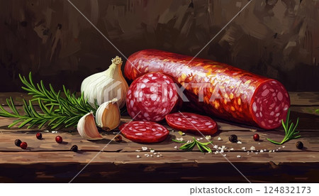 Delicious Smoked Salami On Rustic Wooden Table: Sausages Infused With Rosemary, Garlic, And Pepper For A Flavorful Bite. 124832173