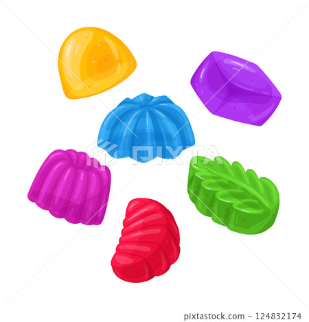 Chewy jelly candies. Cartoon fruity gummy, delicious sweets with various flavors flat vector illustration set. Jelly sweets on white 124832174