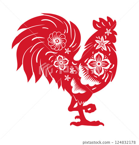 Chinese horoscope rooster symbol. Lunar New Year oriental bird silhouette, zodiac astrological calendar rooster sign flat vector illustration. Traditional horoscope icon Chinese horoscope rooster symbol. Lunar New Year oriental bird silhouette, zodiac astrological calendar rooster sign flat vector illustration. Traditional horoscope icon 124832178