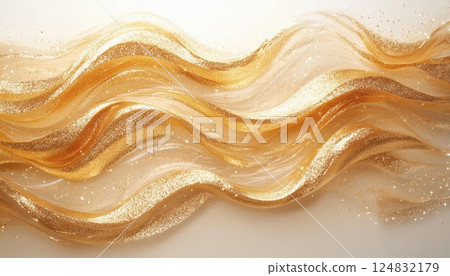 Stunning Abstract Gold Wave On White Background: Dynamic Element For Aesthetic Designs Such As Covers, Brochures, And Posters. Sparkling Modern Template. 124832179