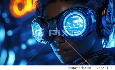 Futuristic Woman Wearing Virtual Reality Goggles And Lit Metaverse Sign. Video Games, Nfts, Vr, And Crypto Themes In 3d Render. 124832182