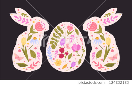 Easter rabbits with spring flowers. Decorative Easter bunny silhouettes, cute Easter hares with Easter eggs flat vector illustration. Bunny holiday decorations 124832183