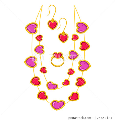 Golden jewelry set. Precious heart decor necklace, ring and earrings, glamorous jewelry with red gemstones flat vector illustration set. Jewelry on white background 124832184