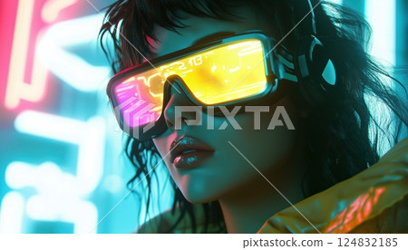 Futuristic Woman Wearing Virtual Reality Goggles And Illuminated Metaverse Sign: Surreal Illustration Of Video Games, Nfts, Vr, And Crypto Technology. 124832185