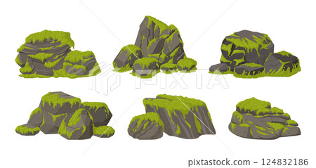 Green moss on stones. Jungle moss plants grow on gray rocks, creeping lichen moss on stones flat vector illustration set. Cartoon swamp moss growing on rocks Green moss on stones. Jungle moss plants grow on gray rocks, creeping lichen moss on stones flat vector illustration set. Cartoon swamp moss growing on rocks 124832186