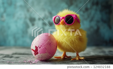 Festive Easter Decoration Featuring A Yellow Chick In Playful Sunglasses Beside A Pink Cracked Egg With Hints Of Spring. 124832188