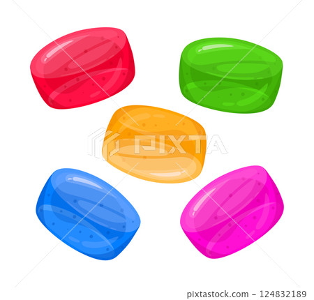 Jelly candies. Chewy fruity gummy, delicious sweets with various flavors flat vector illustration set. Cartoon jelly sweets on white 124832189