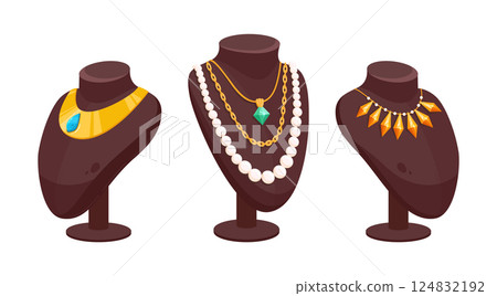Necklace shop showcase. Precious jewelry accessories, glamorous jewelry on bijouterie shop stand flat vector illustration set. Cartoon jewel shop stands 124832192