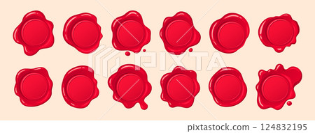 Red vintage seal stamps. Wax postage stamps, wax label marks, medieval post signets flat vector illustration set. Cartoon postal paraffin stamps collection Red vintage seal stamps. Wax postage stamps, wax label marks, medieval post signets flat vector illustration set. Cartoon postal paraffin stamps collection 124832195