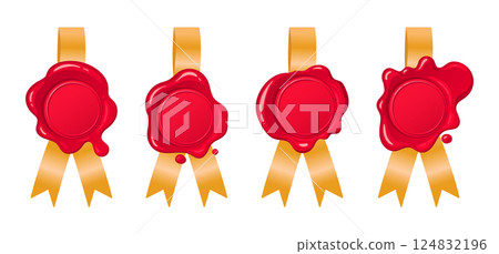 Red wax seals. Cartoon postal wax stamps with silk ribbons, antique paraffin seals flat vector illustration set. Vintage paraffin stamps Red wax seals. Cartoon postal wax stamps with silk ribbons, antique paraffin seals flat vector illustration set. Vintage paraffin stamps 124832196