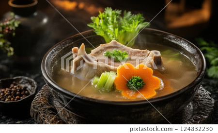 Asian Fusion Delight: Pork Bone Soup With Celery Cutlet, Carved Carrot, And Turnip Garnish In Clear Broth - Side View 124832230